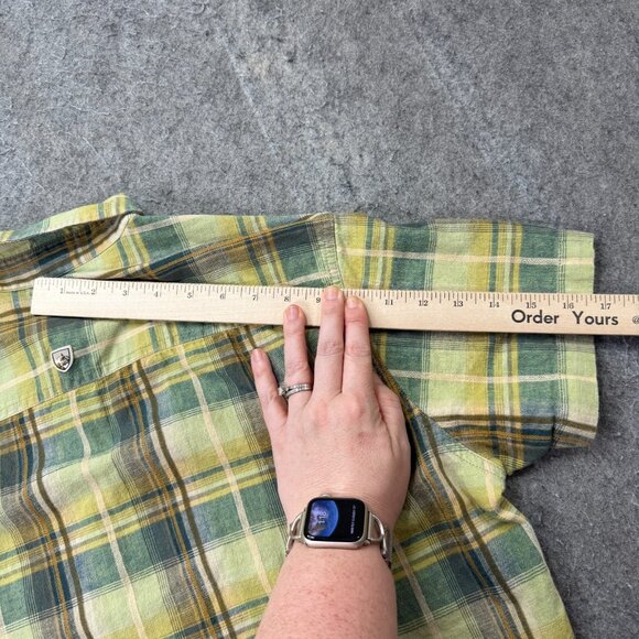 Kuhl Persuadr Shirt Men L Yellow Green Brown Linen Plaid Short Sleeve Button Up - Picture 14 of 15